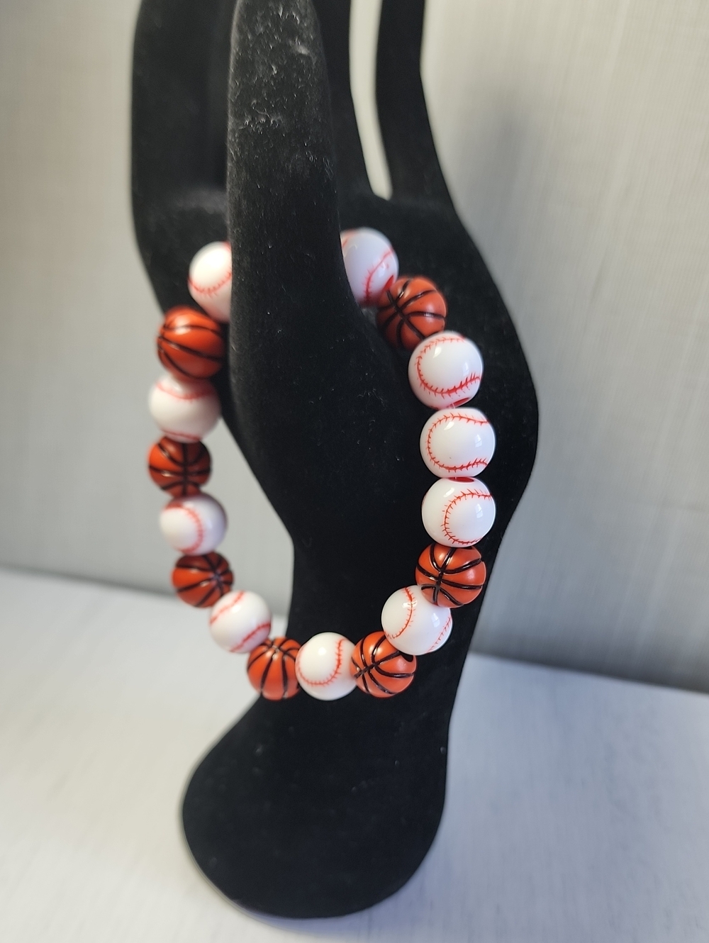 Sports-Themed Basketball and Baseball Bead Stretch Bracelet - Orange & White